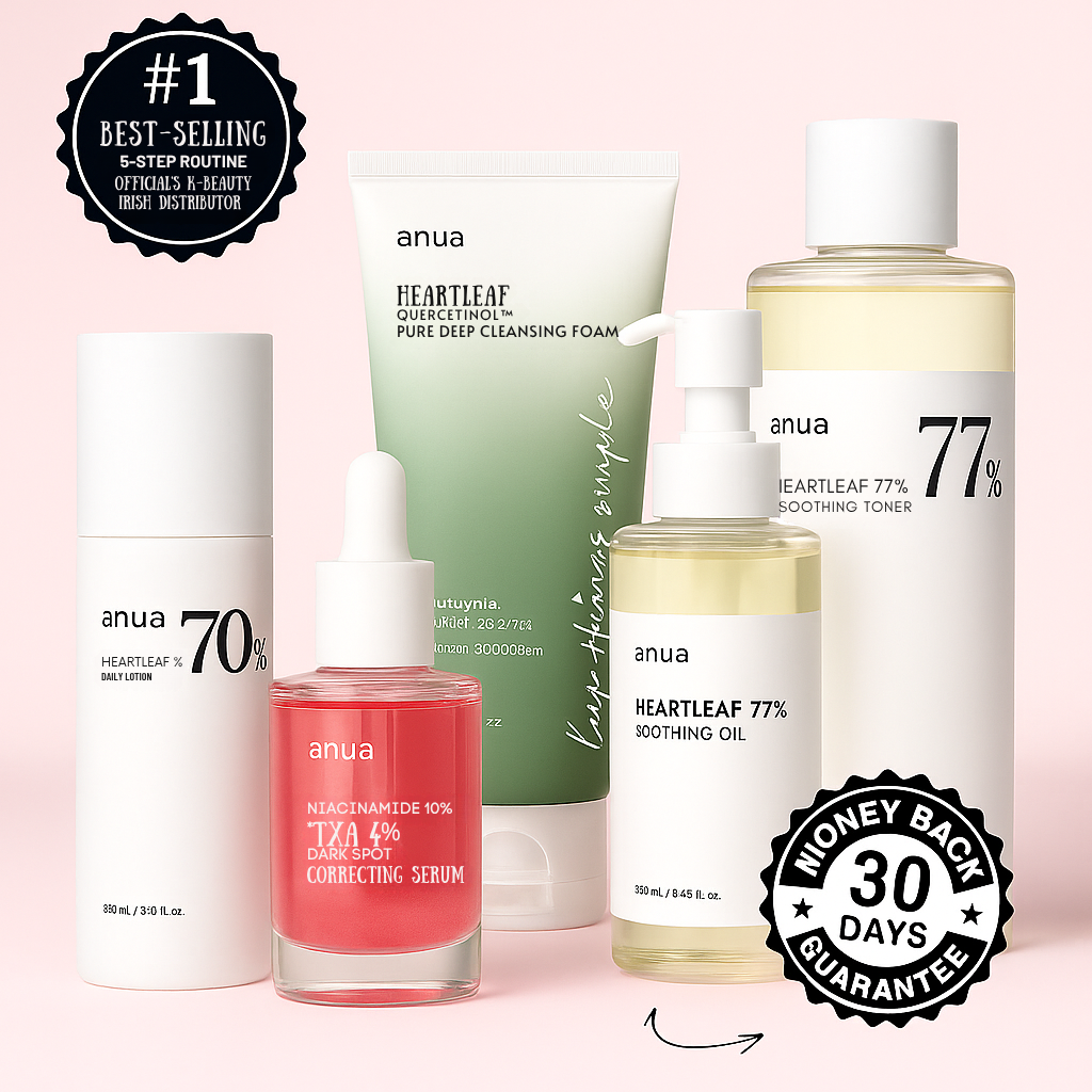 The Korean Skin Co 5-Step Routine Set featuring cleanser, toner, serum, and lotion with best-seller and 30-day guarantee badges on a soft pink background.
