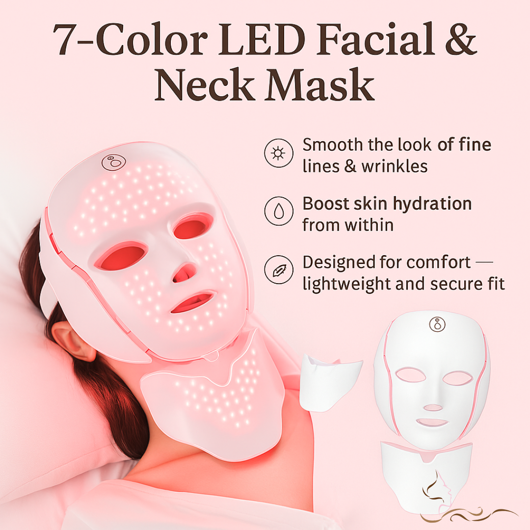 LED facial and neck mask in use – pink glow effect