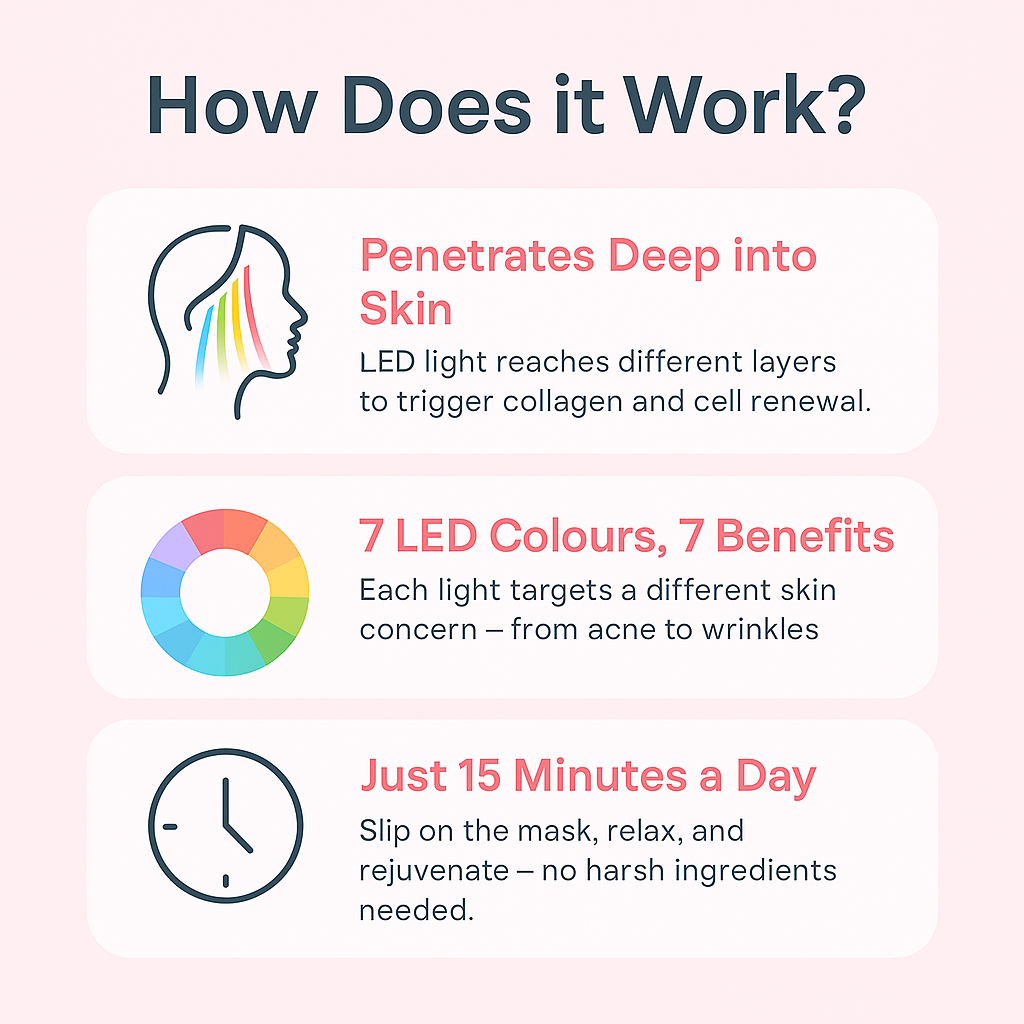 Explainer on LED face mask benefits – 7 colors, 15-minute use