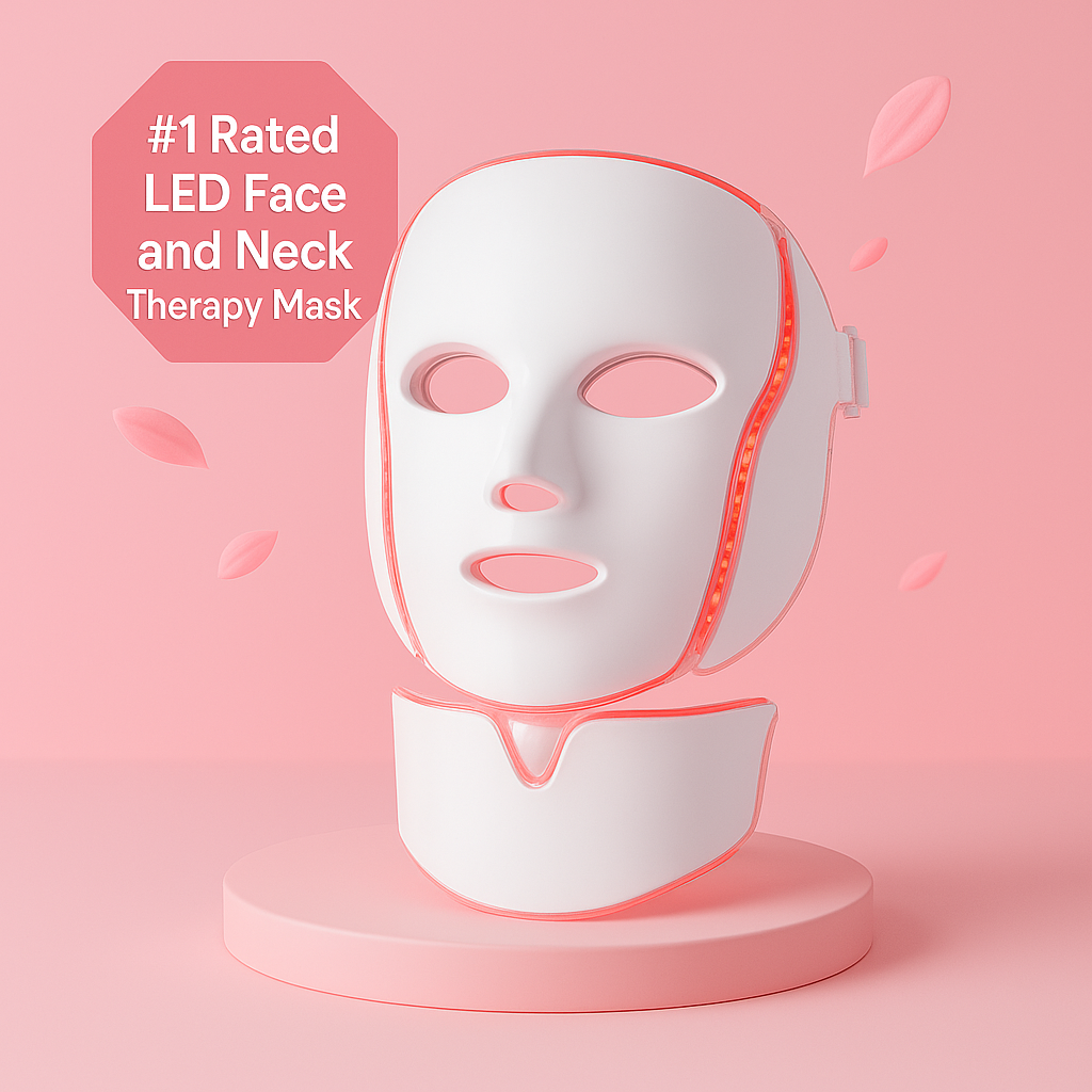 LED facial and neck mask in use – pink glow effect