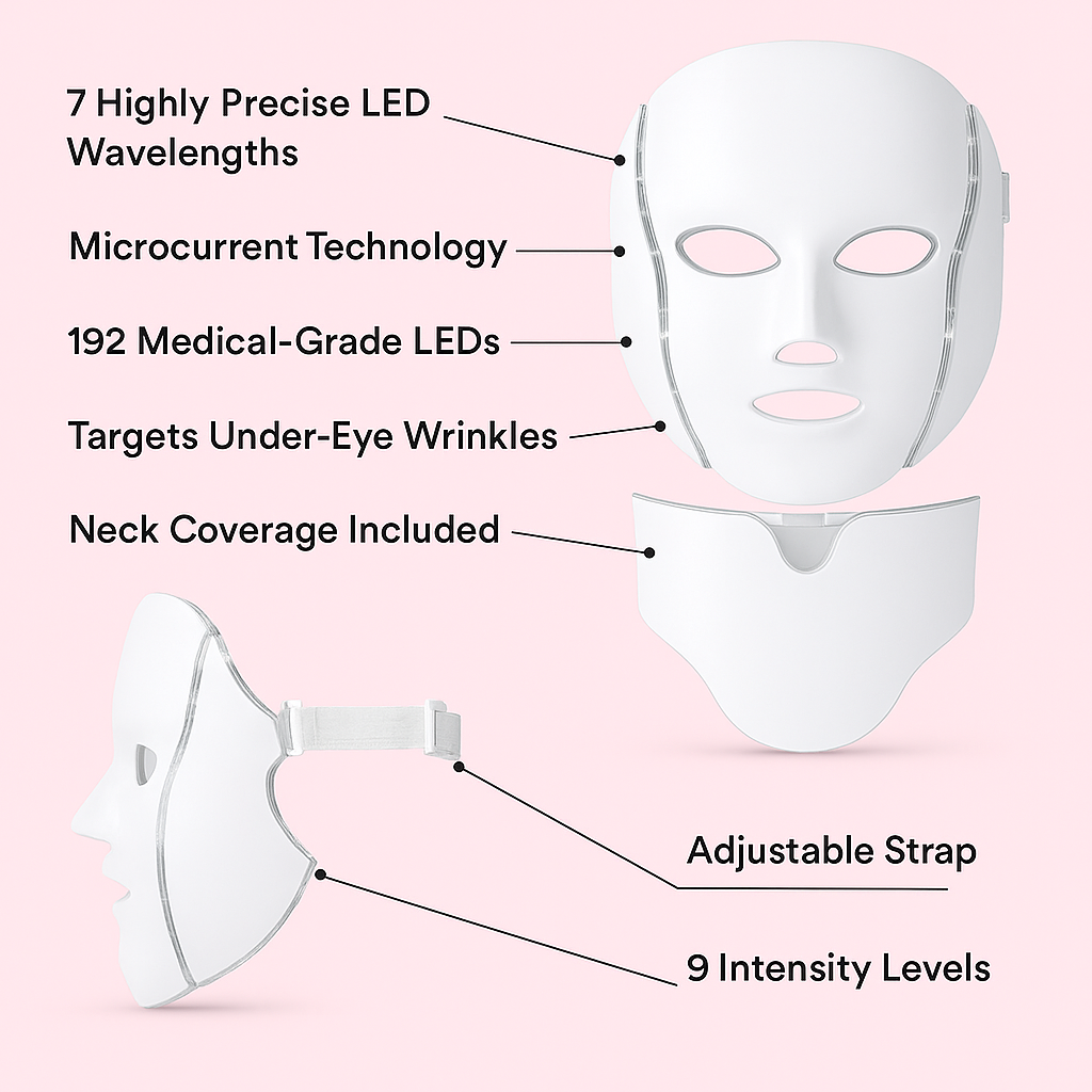 White LED face and neck therapy mask with labeled features including adjustable strap, medical-grade LEDs, and neck coverage, on pastel pink background