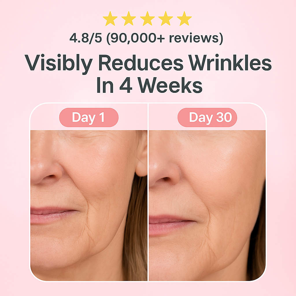 Before and after results using LED facial mask – visible wrinkle reduction