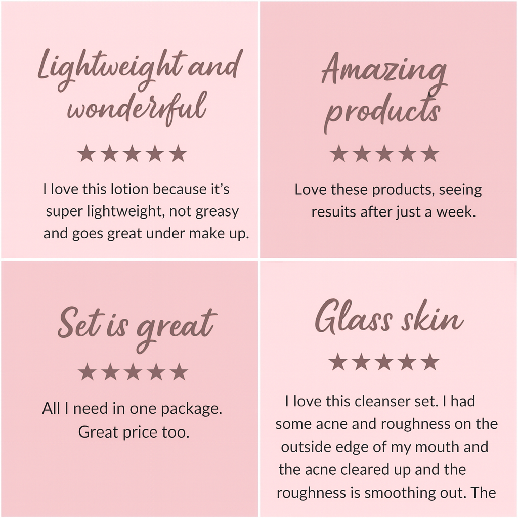 Customer reviews highlighting lightweight feel, visible results, and positive feedback for The Korean Skin Co 5-Step Routine