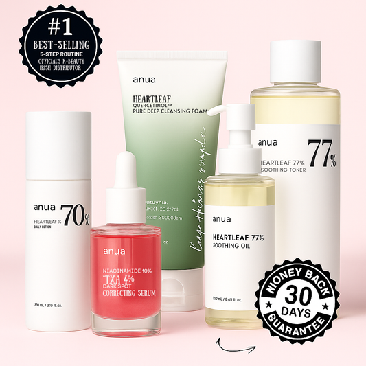 The Korean Skin Co 5-Step Routine Set featuring cleanser, toner, serum, and lotion with best-seller and 30-day guarantee badges on a soft pink background.