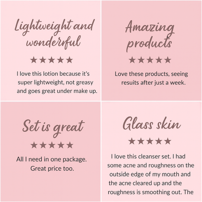 Customer reviews highlighting lightweight feel, visible results, and positive feedback for The Korean Skin Co 5-Step Routine